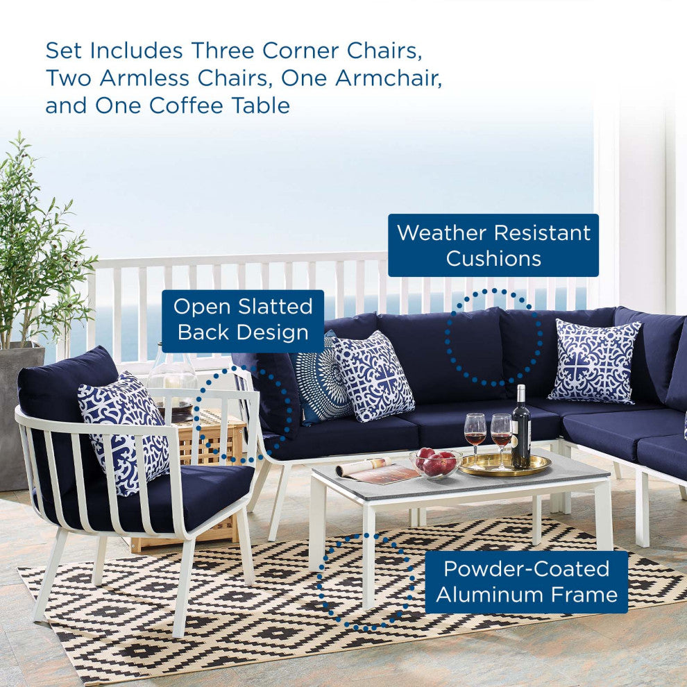 Lounge Sectional Sofa Chair Set, Aluminum, Metal, White Blue Navy, Outdoor