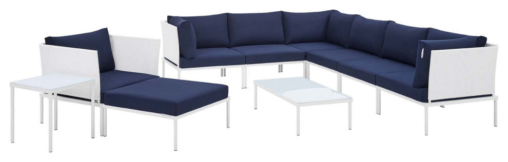 Harmony 10-Piece Sunbrella Outdoor Patio Aluminum Sectional Sofa Set, White Navy