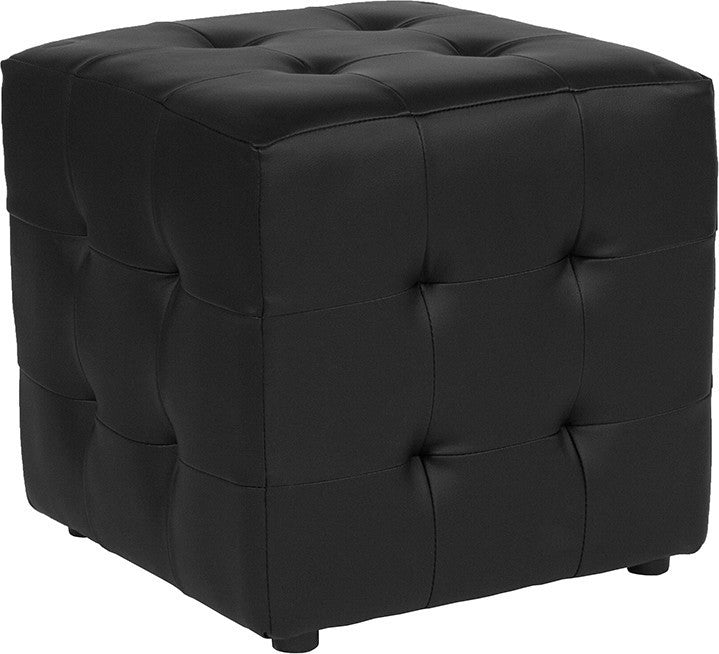 Avendale Tufted Upholstered Ottoman Pouf in Black Leather