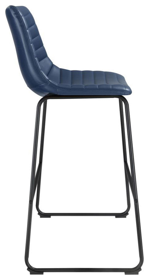 Set of 2 Faux Leather Upholstered Bar Stools, Blue/Matte Black