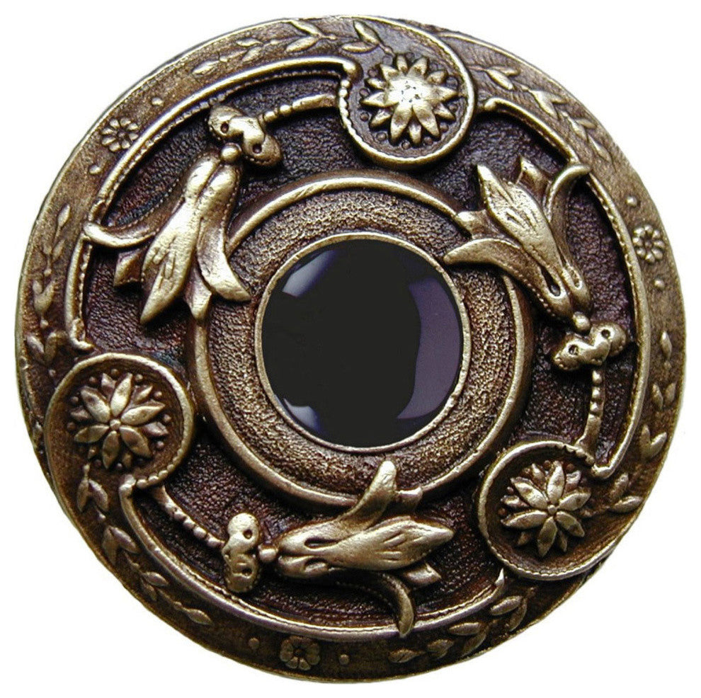 Jeweled Lily Knob, Antique-Style Brass With Onyx
