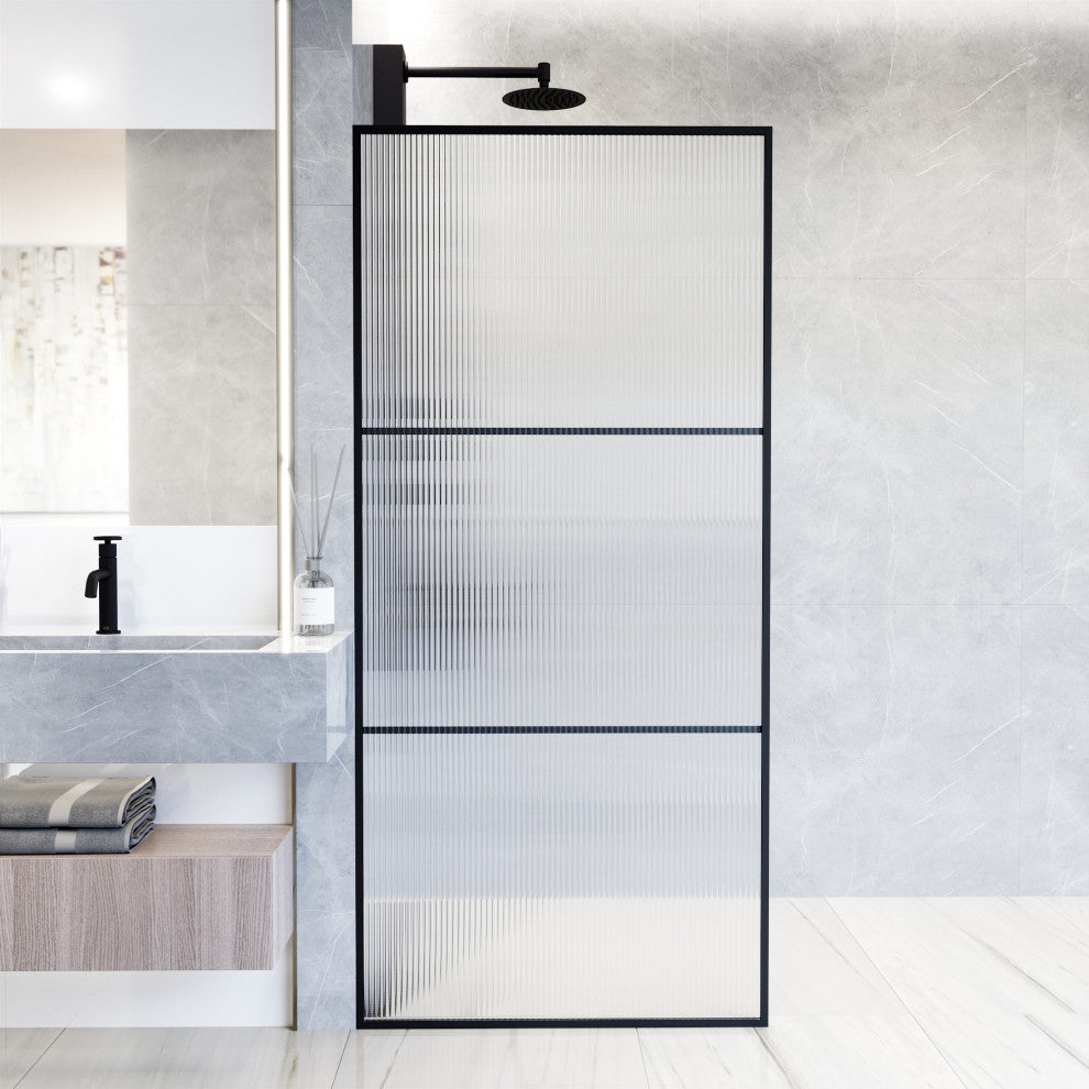 VIGO Divide 34" W x 74" H Framed Fixed Shower Screen, Matte Black, Fluted Glass