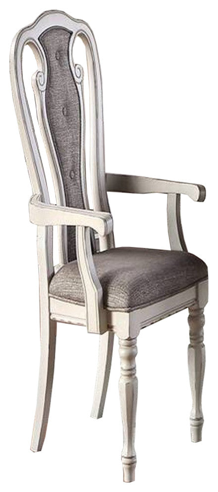 Benzara BM233131 Wooden Arm Chair With Button Tufted Back, Set of 2, Cream/Gray