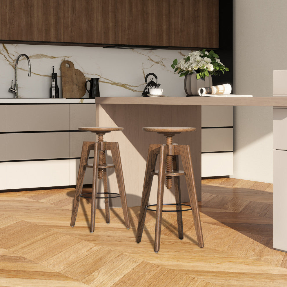 Spencer Minimalist Adjustable Height Bar Stool, Walnut Brown Oak Wood