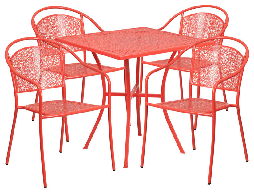 28'' Square Coral Indoor-Outdoor Steel Patio Table Set With 4 Round Back Chairs