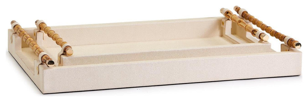Two's Company Set of 2 Antique Cream Faux Leather Decorative Rectangle Trays