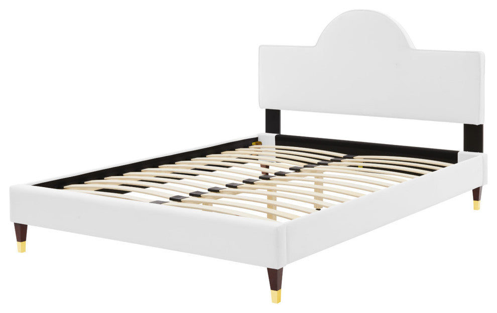 Platform Bed Frame, King Size, White, Velvet, Modern, Bedroom Guest Suite