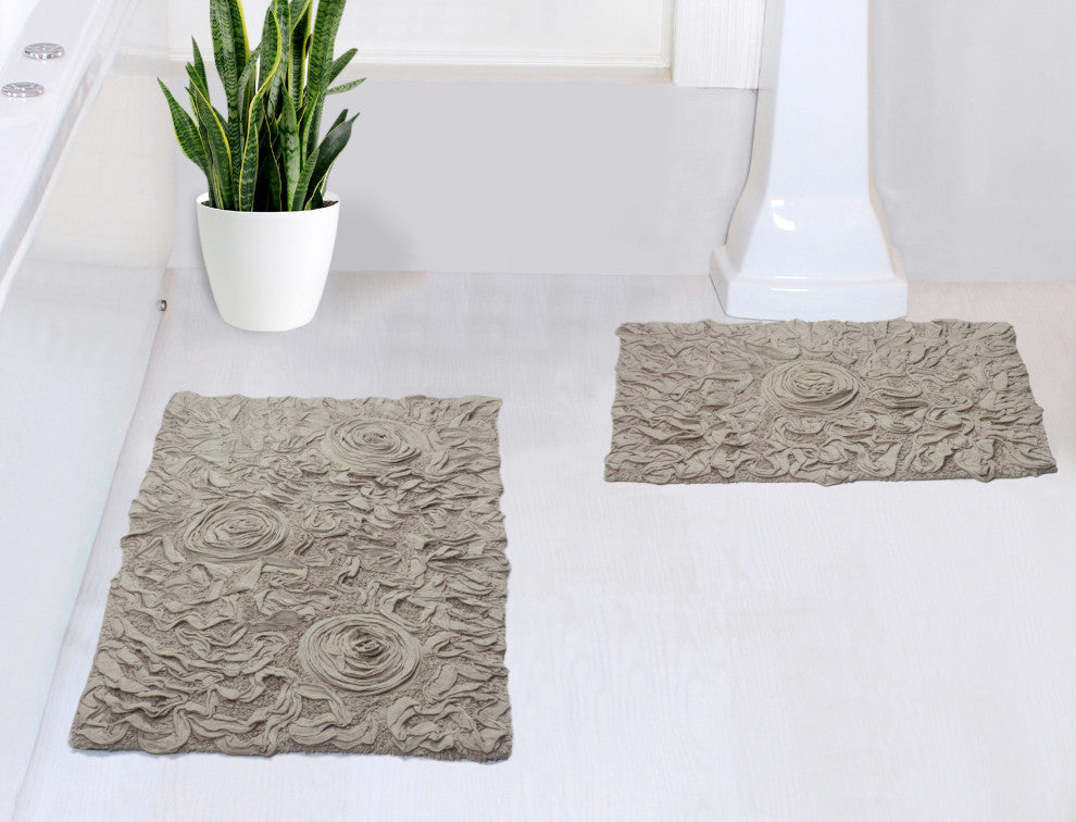 Bell Flower Collection Tufted Bath Rugs, 2 Piece Set, Linen