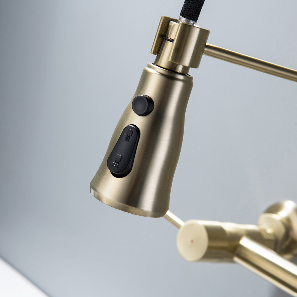Wall Mounted Bridge Kitchen Faucet With 3 Function Sprayer And Spring Spout, Bru