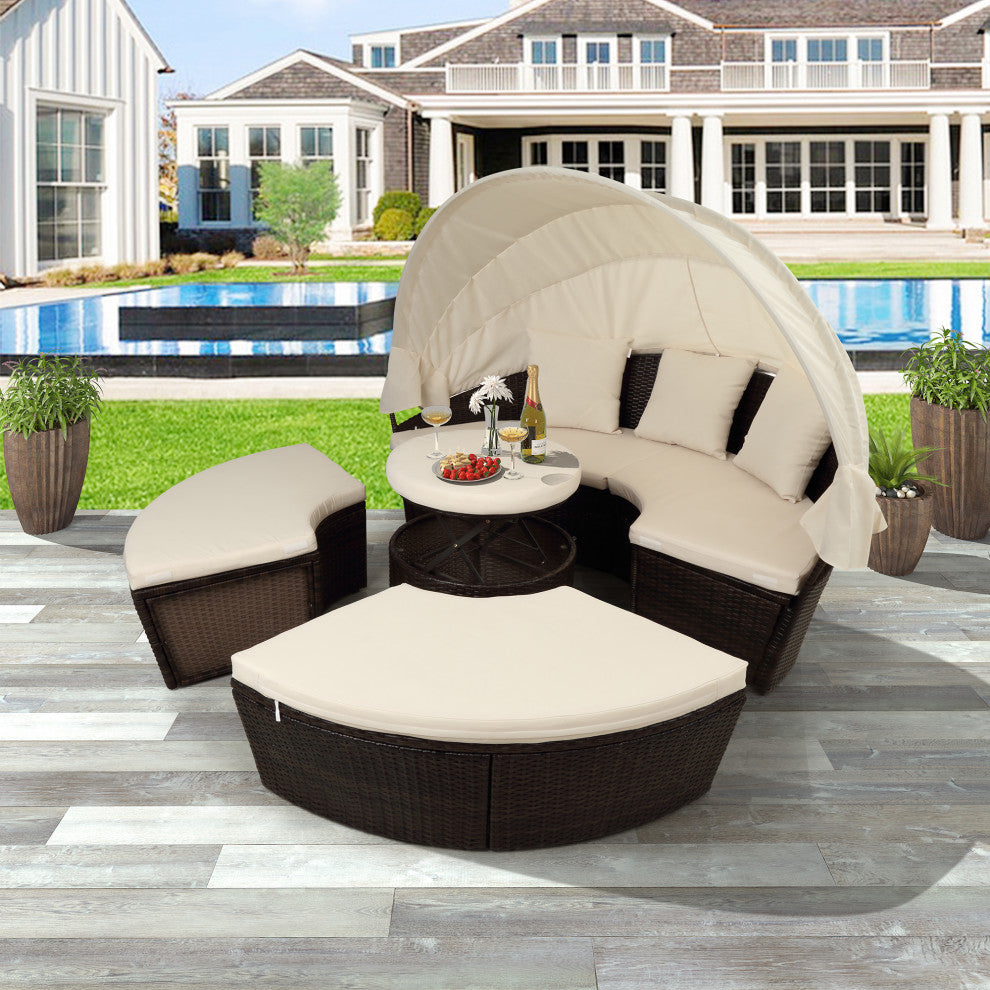 Round Outdoor Sectional Sofa Set Rattan Patio Daybed With Canopy, Beige