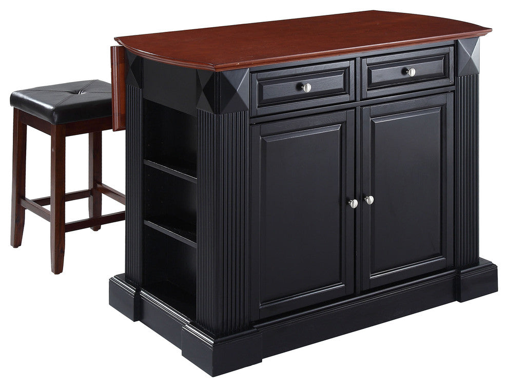 Drop Leaf Breakfast Kitchen Island, Black, 24" Upholstered Square Seat Stools