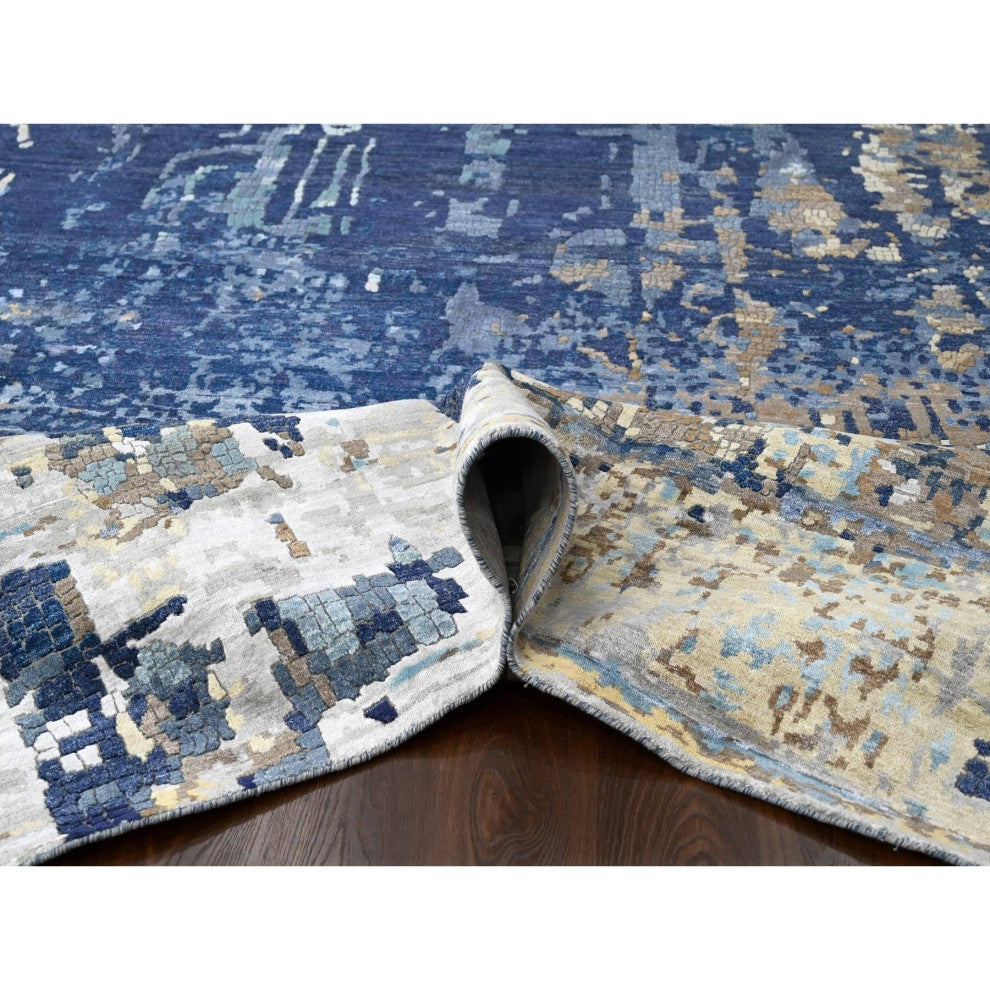 Blue, Mosaic Design, Wool and Silk, Hand Knotted, Oversized Rug, 13'9"x17'9"