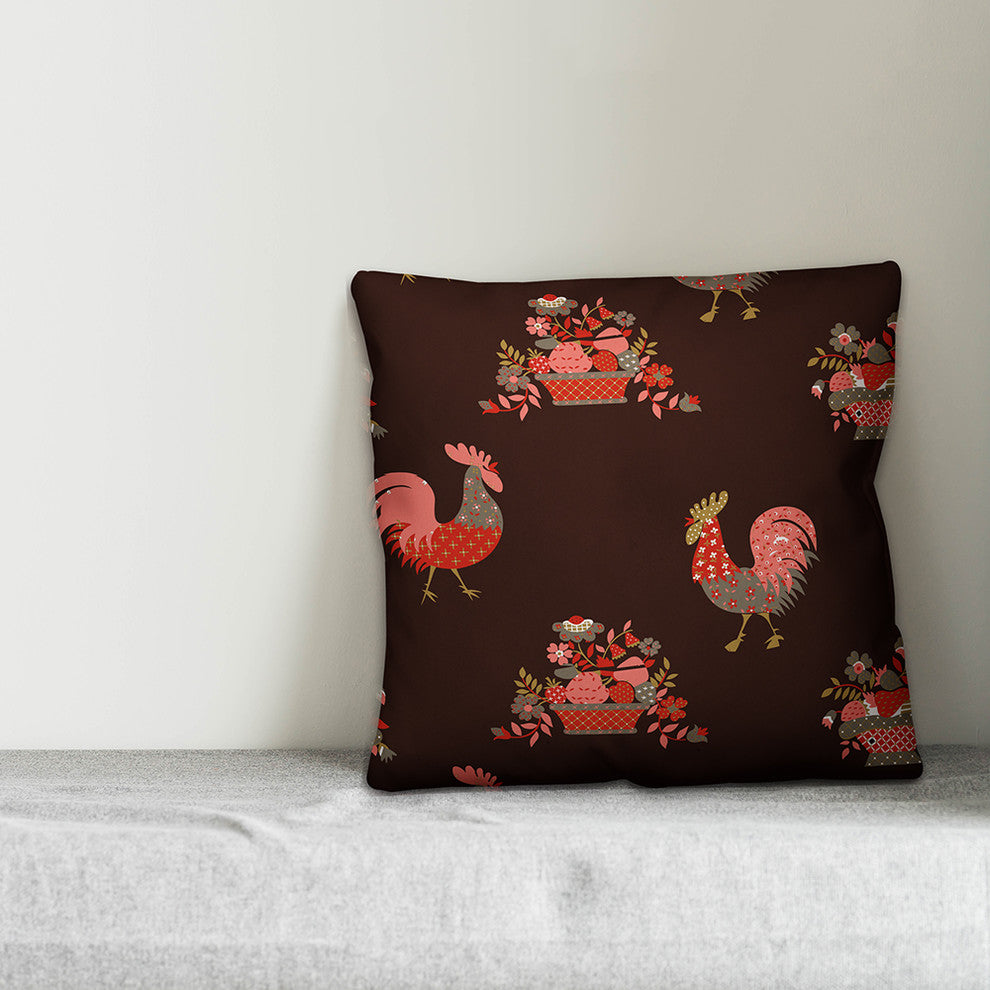 Roostern Pattern, Brown Throw Pillow, 20"x20"