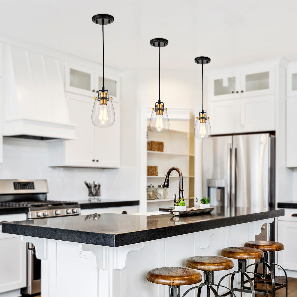 Ontario 1-Light Black and Antique Gold Mini Pendant With Clear Glass Shade