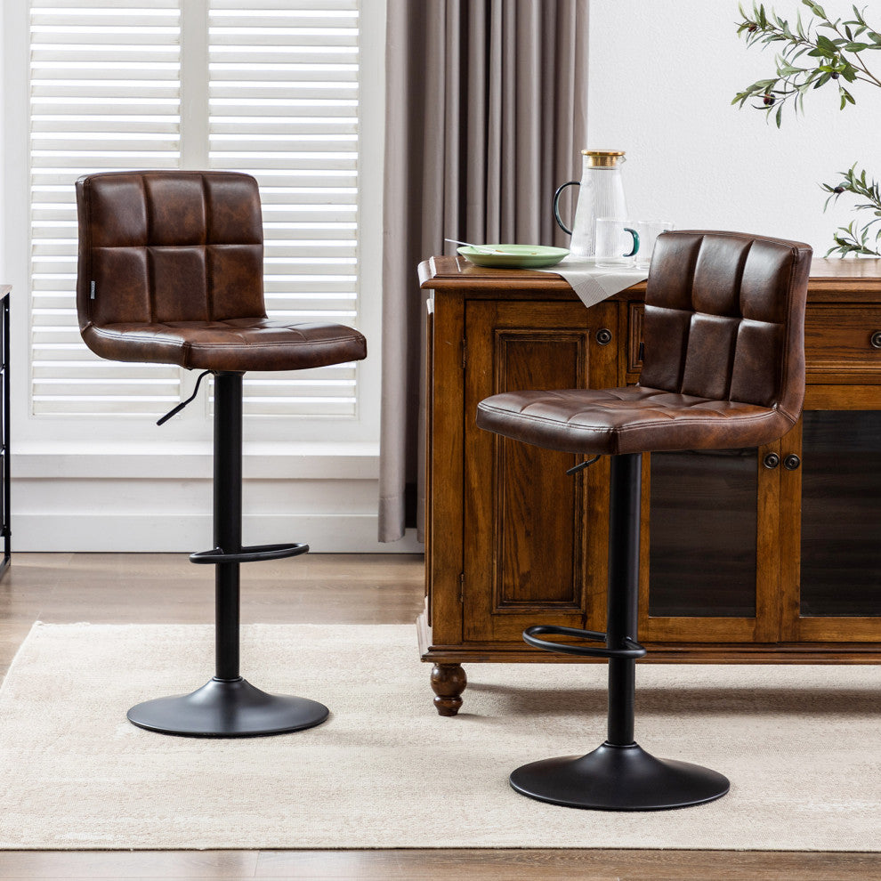 Set of 2 Armless Tufted Swivel Bar Stools, Dark Brown-Pu