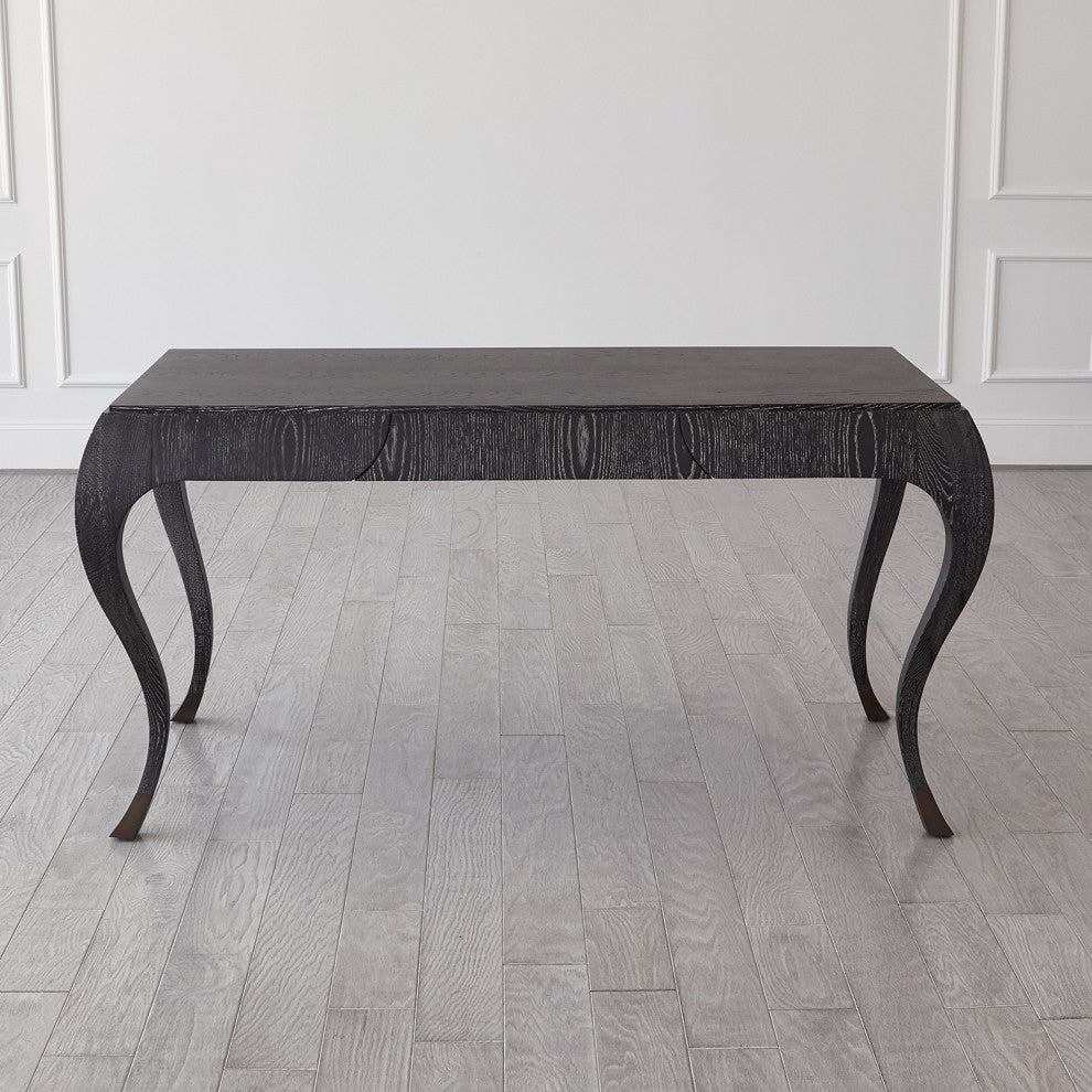 Elegant Parisian Curved Leg Writing Desk Solid Oak Wood 1 Drawer Black