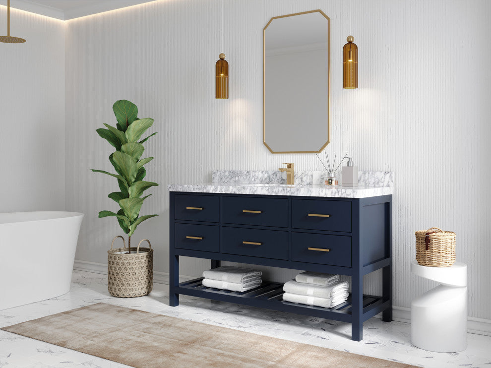 Parker 60 Double Sink Bathroom Vanity in Navy Blue  2" Carrara Quartz