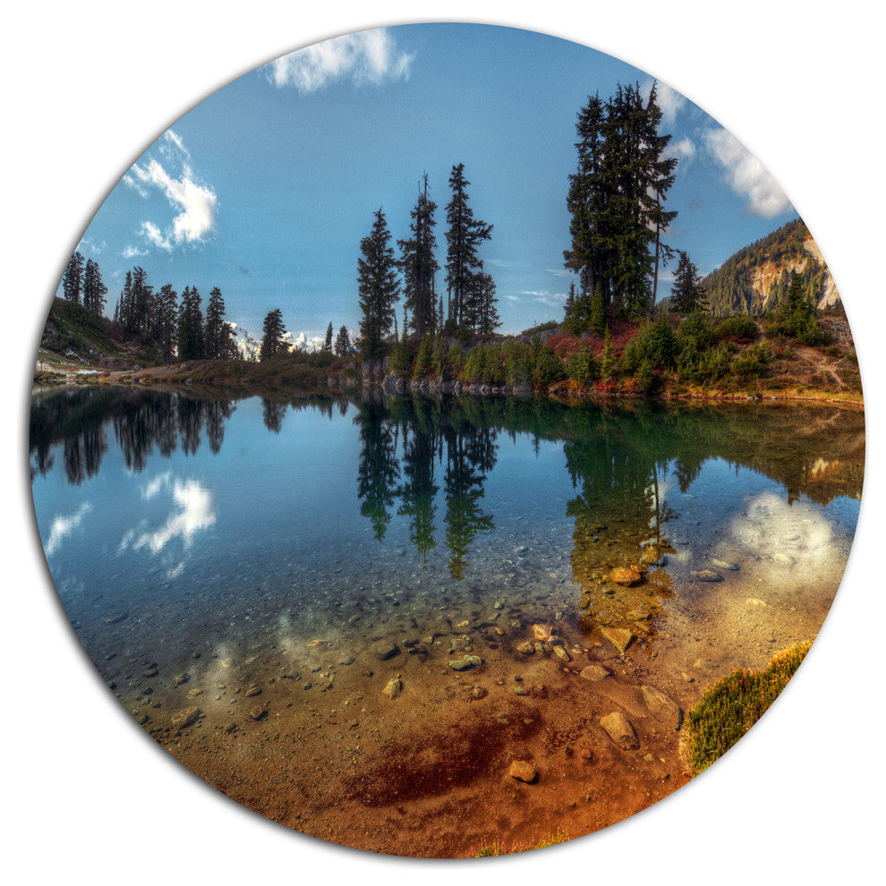 Clear Lake With Row Of Pine Trees, Landscape Round Metal Wall Art, 11"