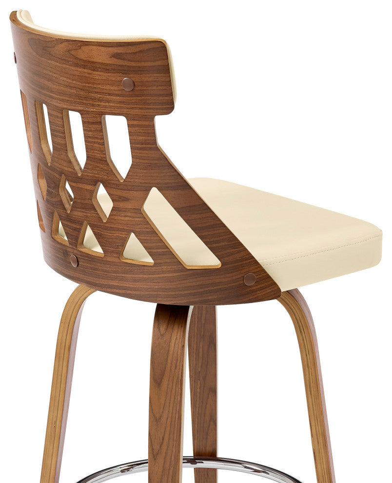 26" Cream Faux Leather Curved Back Walnut Wood Swivel Bar Stool