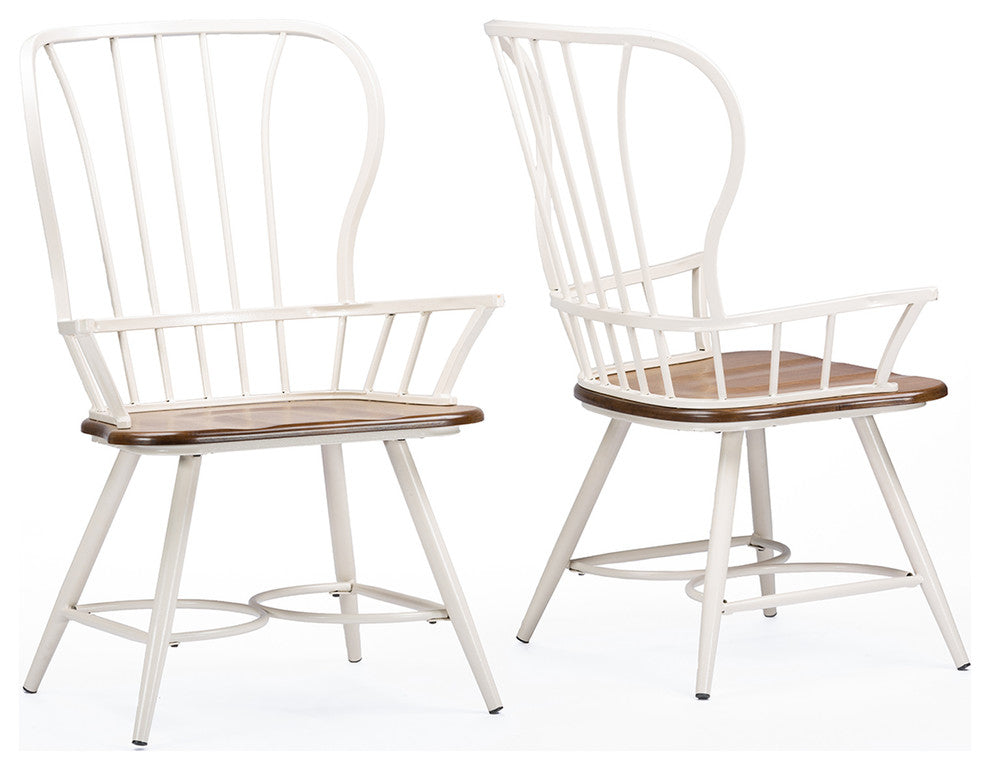 Longford "Dark-Walnut" Wood and White Metal Dining Arm Chair, Set of 2