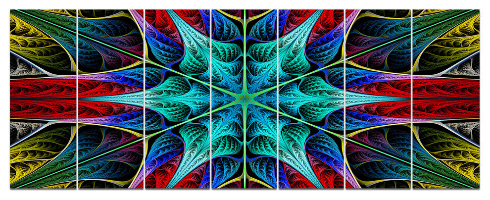 Glowing Fractal Flower Layers, Abstract Canvas Art Print, 83"x32", 7 Panels