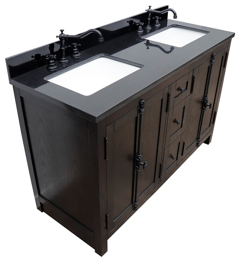 55" Double Vanity, Brown Ash Finish With Black Galaxy Top
