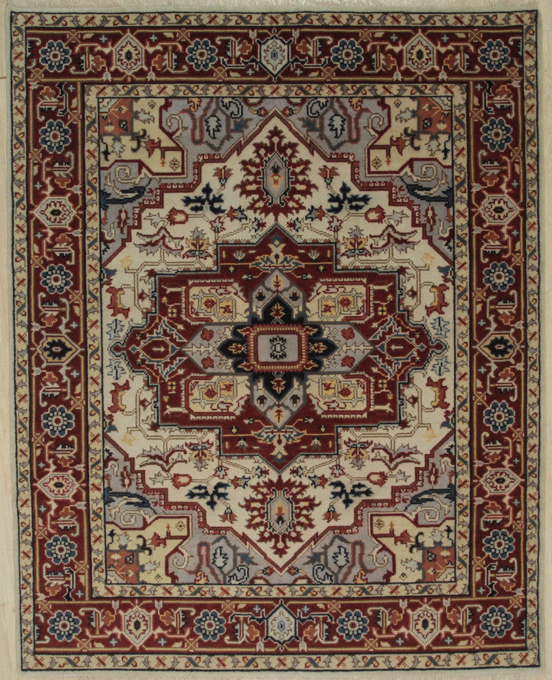 Hand-Knotted Wool Ivory Traditional Medallion Heriz Weave Rug, 6' X 9'