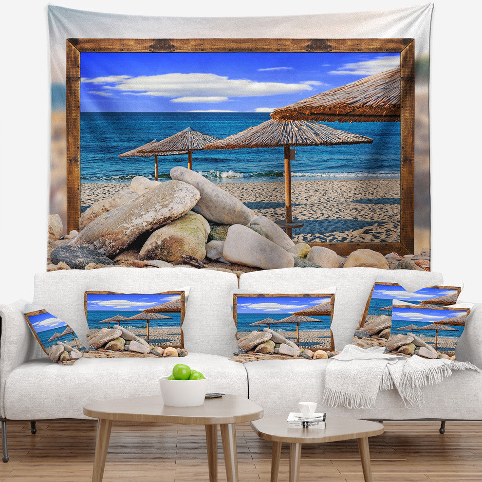 Framed Effect Beach Umbrellas Seashore Wall Tapestry, 60"x50"