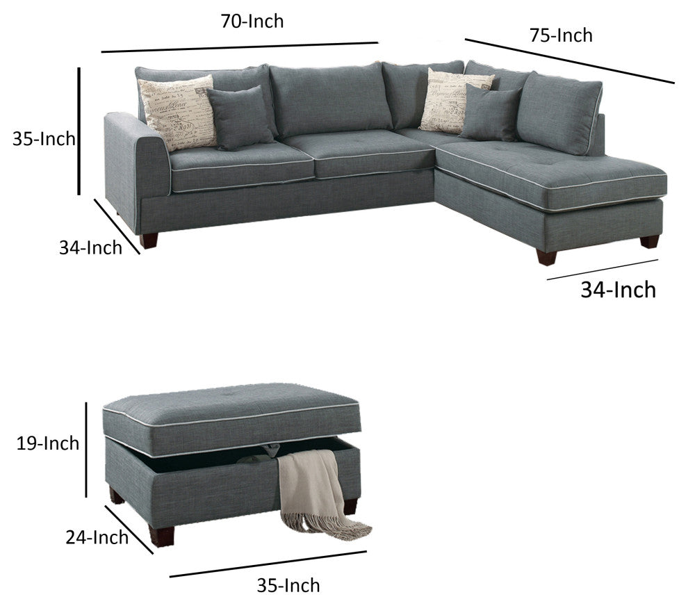 Benzara BM166705 Dorris Fabric 3 Piece Sectional With Storage Ottoman, Gray