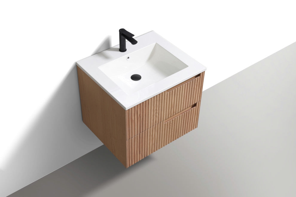 Fiore Wall Mount Modern Bathroom Vanity, Oakwood, 24", Single Sink