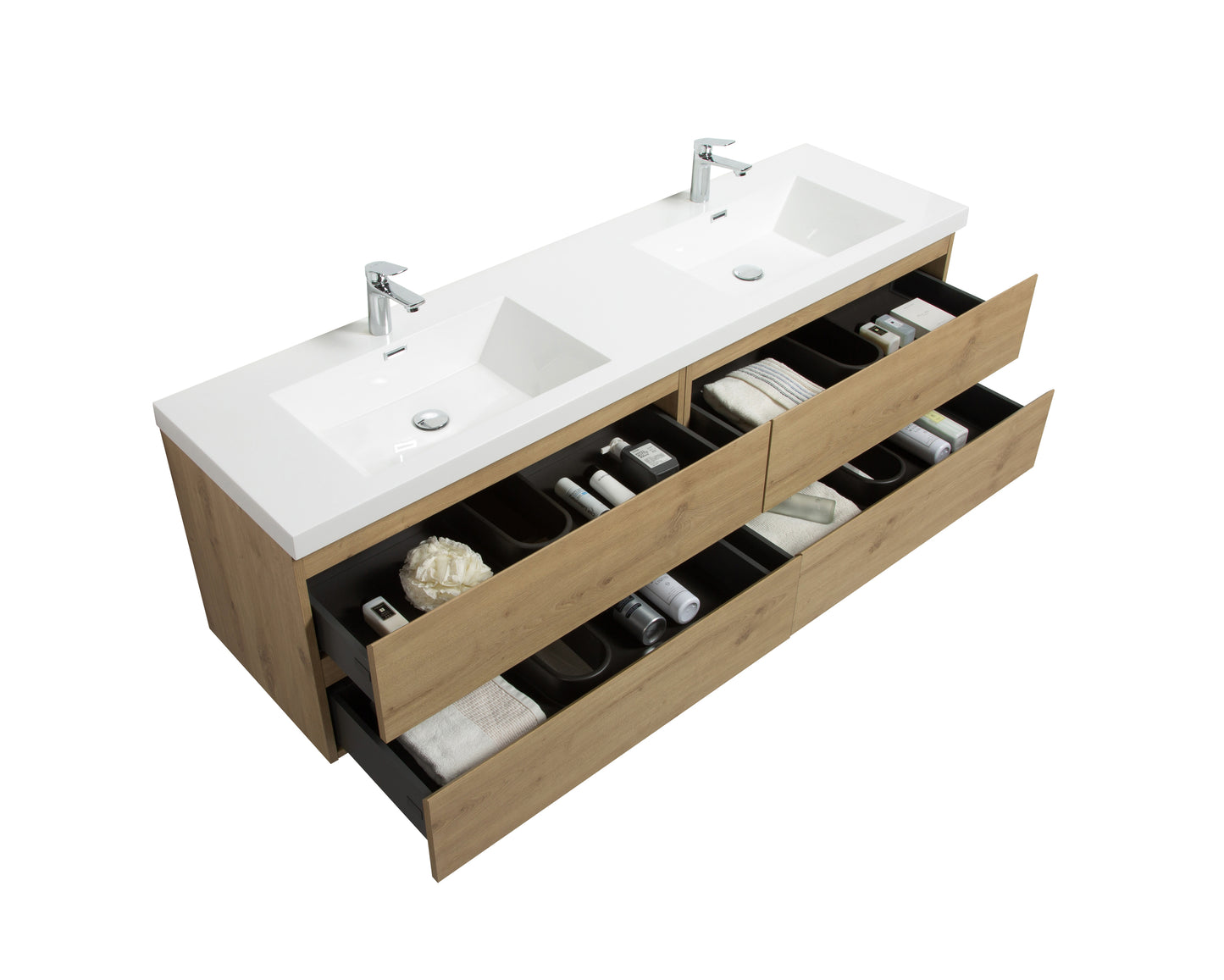 Alma-Pre 4 Drawers Wall Mount Vanity, Integrated White Sink, Natural Oak, 72"