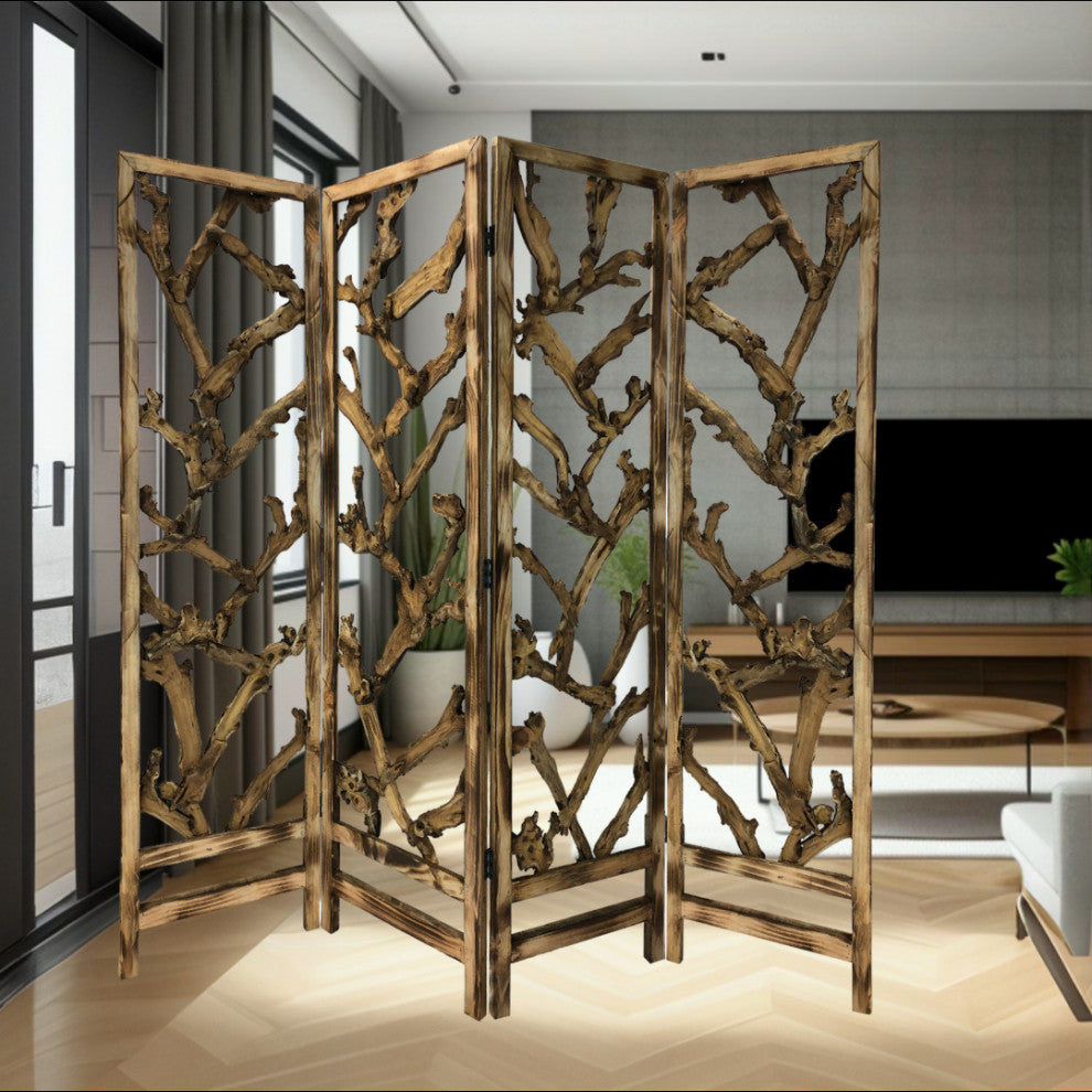 84" Brown Folding 4-Panel Screen Room Divider
