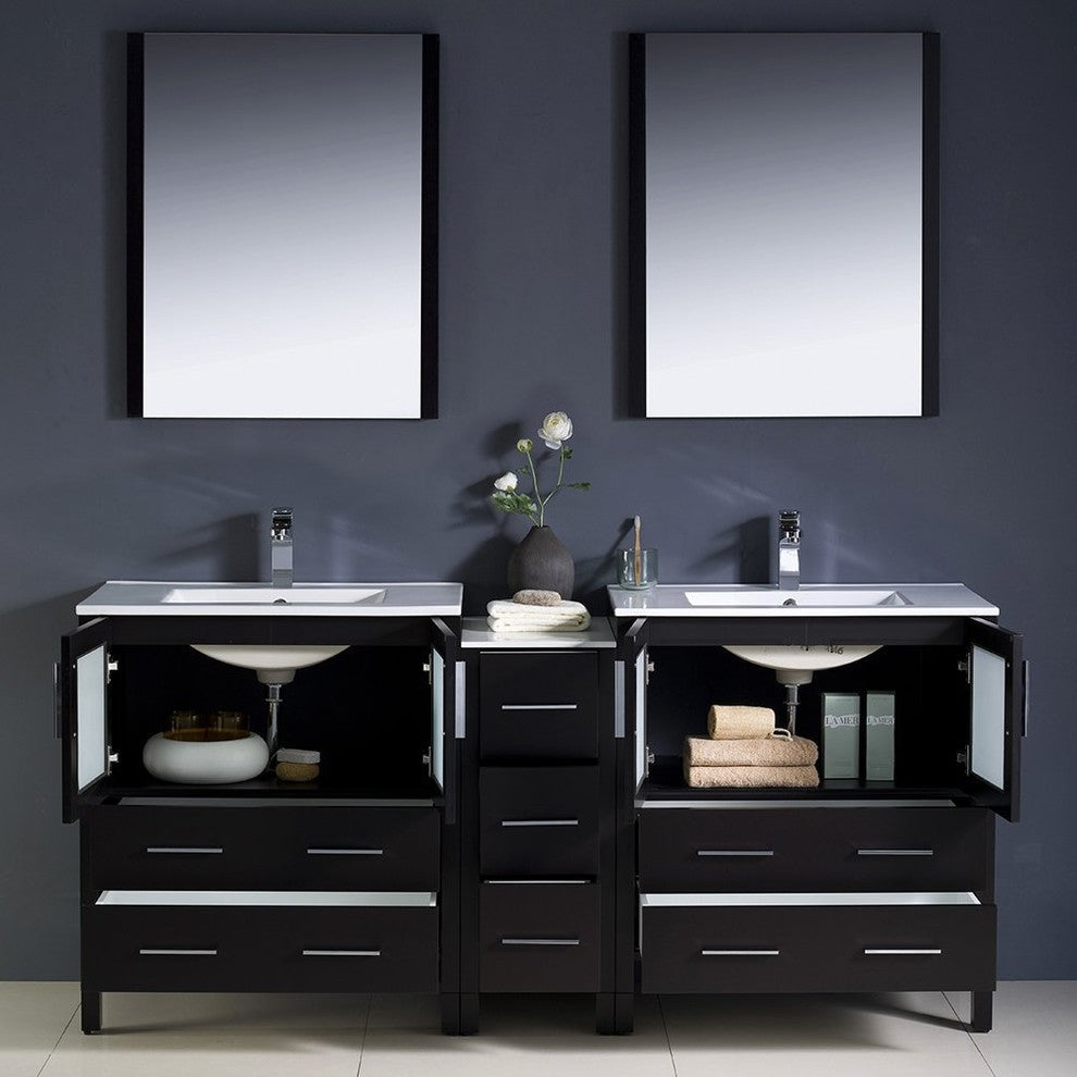 Torino 72" Espresso Modern Double Sink Bathroom Vanity, Faucet FFT9161BN