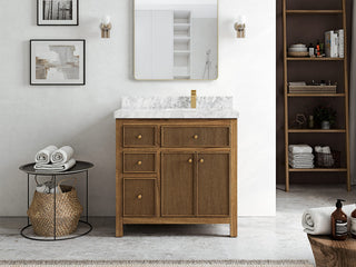 Sonoma Teak 36 Right Offset Bath Vanity in Dark Natural with 2" Carrara Marble