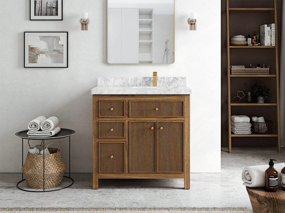 Sonoma Teak 36 Right Offset Bath Vanity in Dark Natural with 2" Carrara Marble