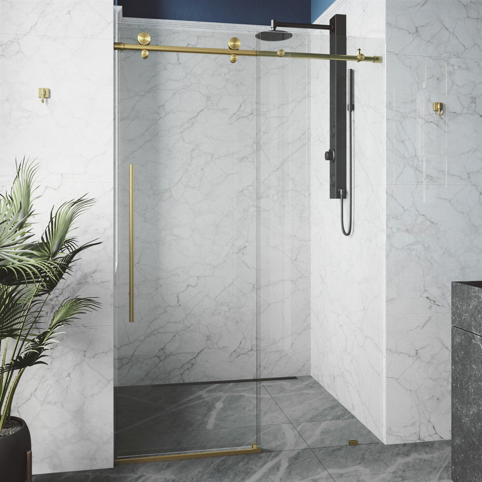 VIGO Elan E-Class 56" to 60" W x 76" H Frameless Sliding Shower Door, Matte Gold, Clear Glass
