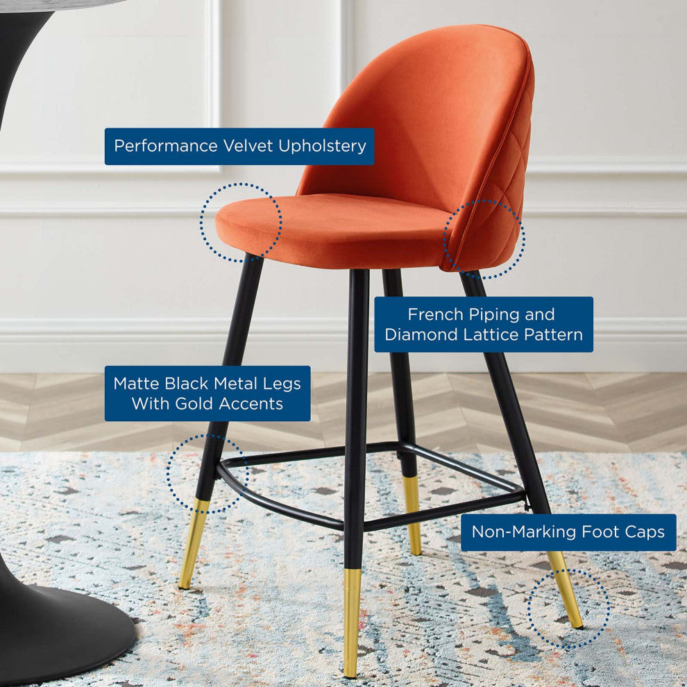 Counter Stool Chair, Set of 2, Velvet, Metal, Orange, Modern, Bar Pub Bistro