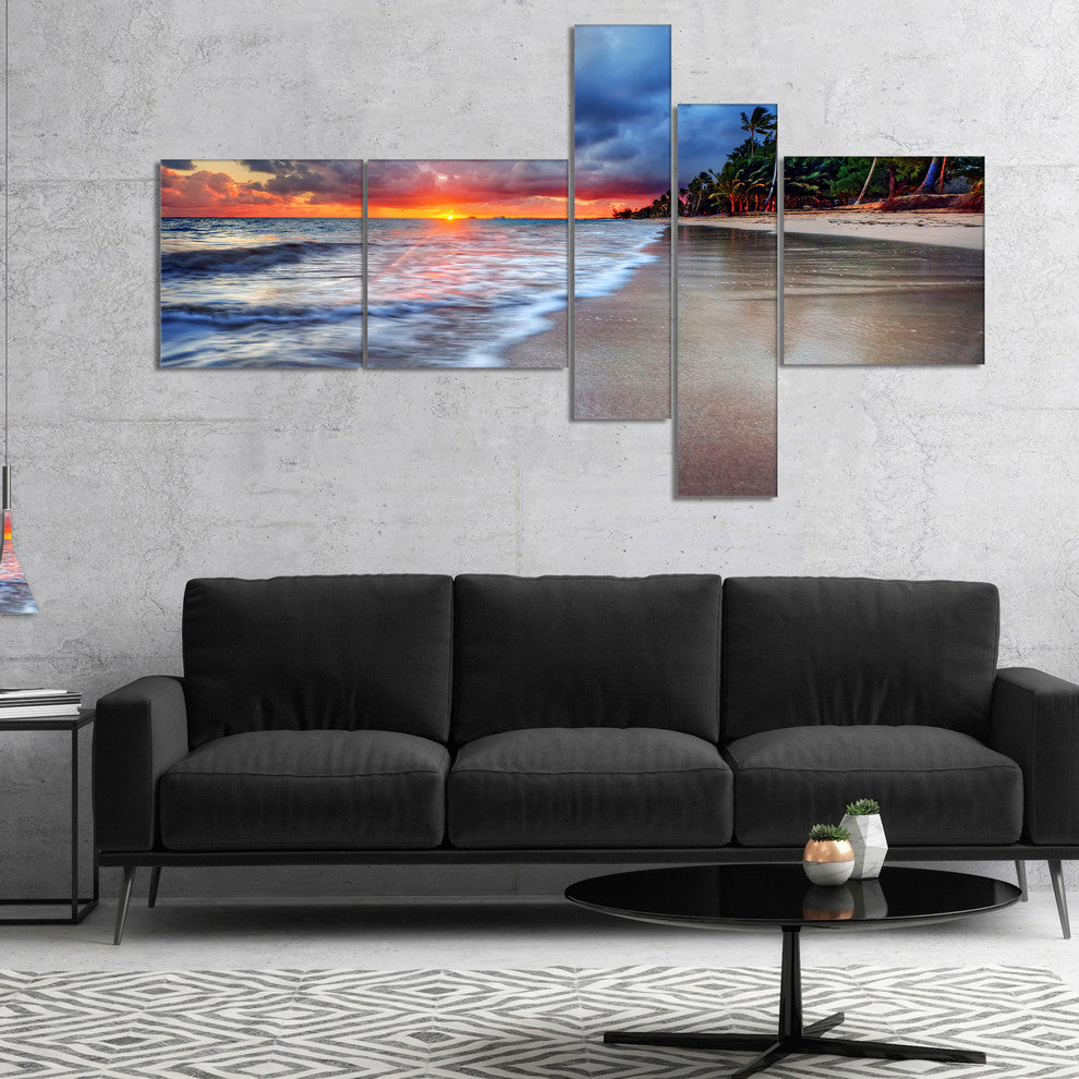 Fluffy Dark Clouds over Ocean, Seashore Canvas Art Print, 60"x32", 5 panels