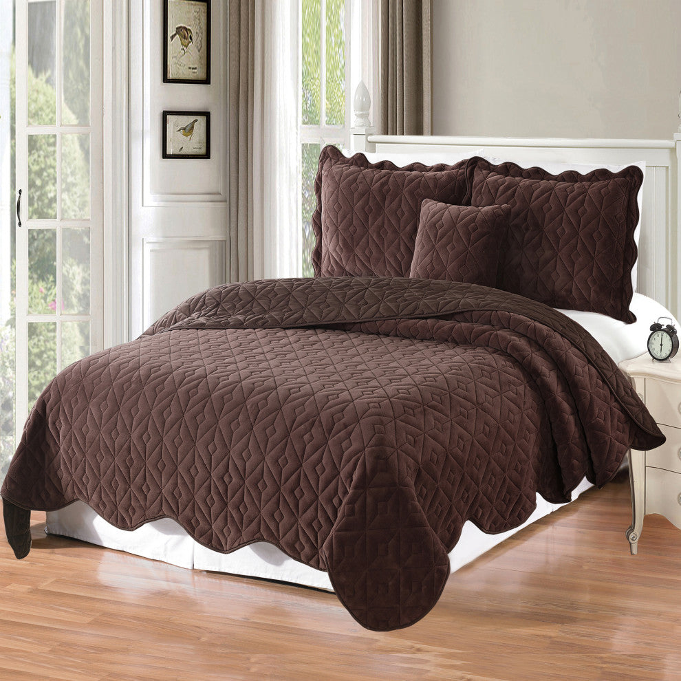 Diamond Square Quilted Coverlet 4-Piece Bedspread Set, Chestnut, Queen