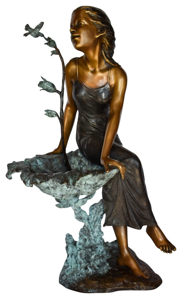 Beautiful Young Girl by A Hummingbird Bath Bronze Statue Size: 22" x 17" x 39"