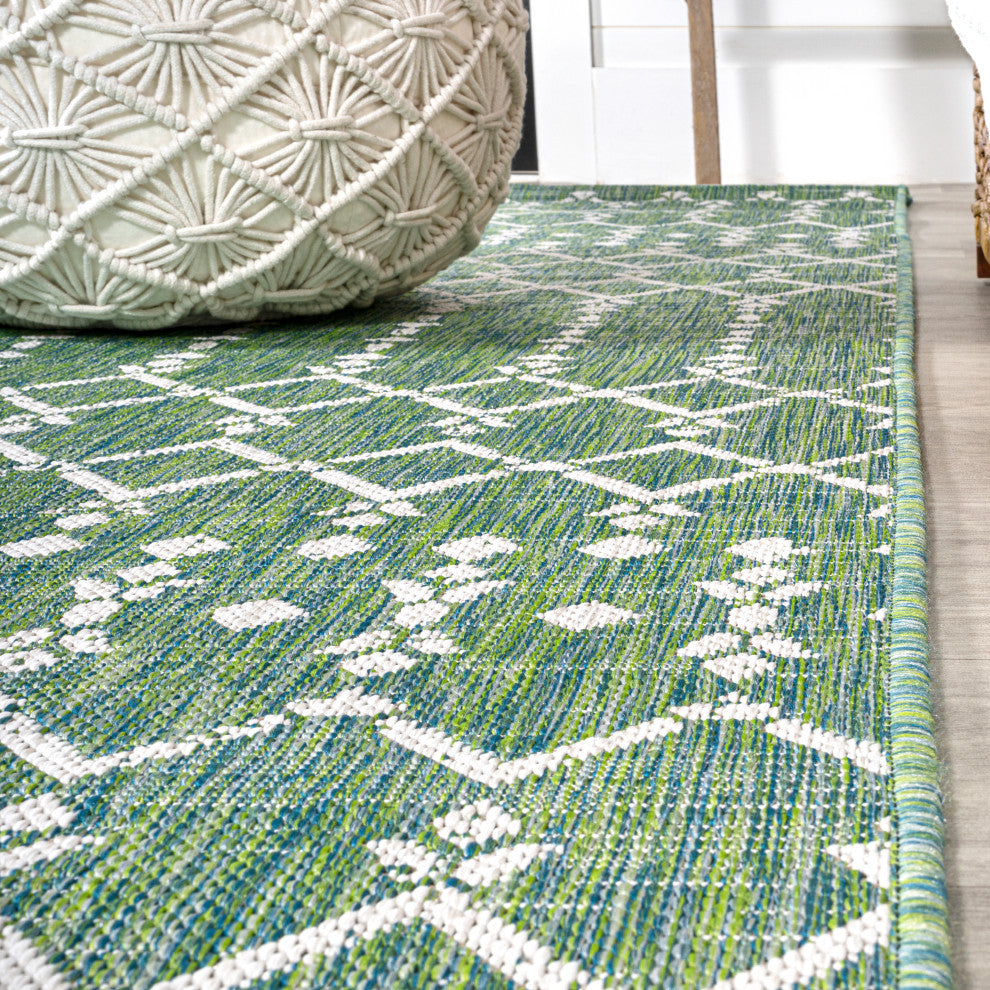 Ourika Moroccan Geometric Indoor/Outdoor Rug, Ivory/Green, 5' Square