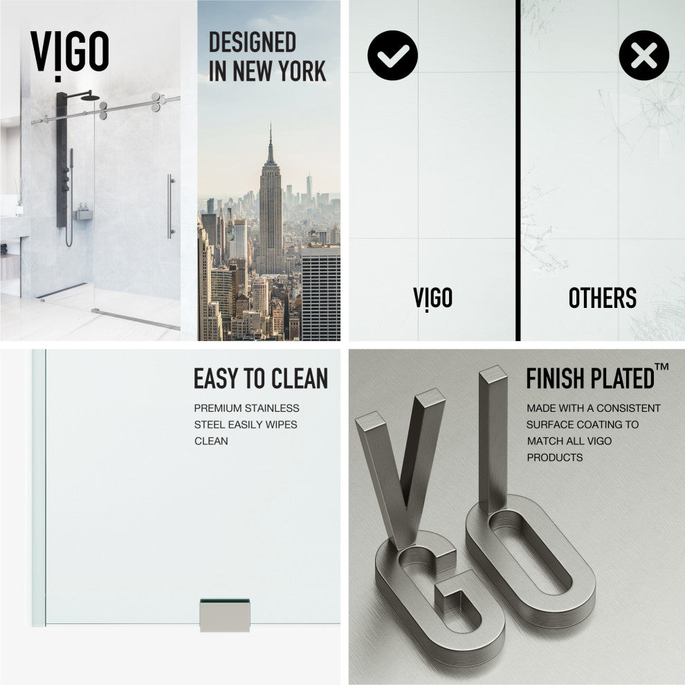 VIGO Elan 48" to 52" W x 74" H Frameless Sliding Shower Door, Stainless Steel, Clear Glass
