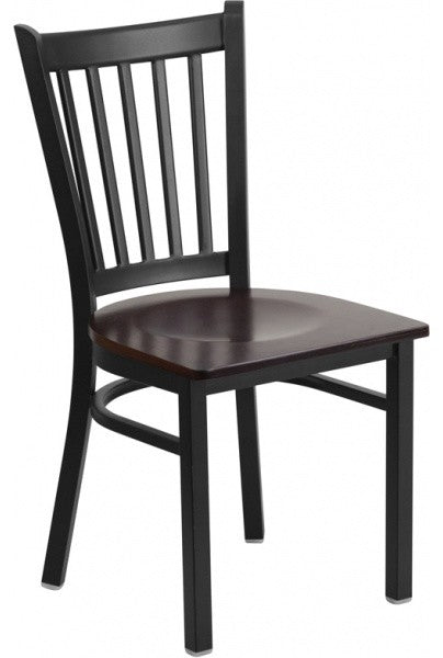 Black Vertical Back Metal Restaurant Chair, Walnut Wood Seat