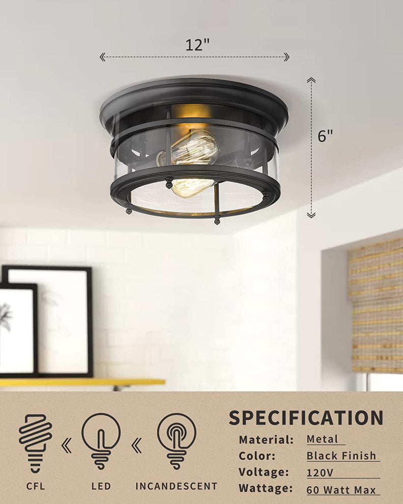 Industrial Ceiling Light Fixture 2 Light, Black, Glass, Flush Mount Ceiling Lamp