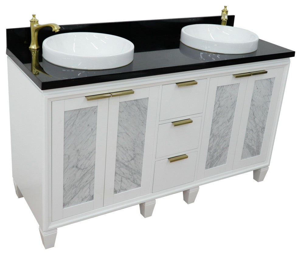 61" Double Sink Vanity, White Finish With Black Galaxy Granite And Round Sink