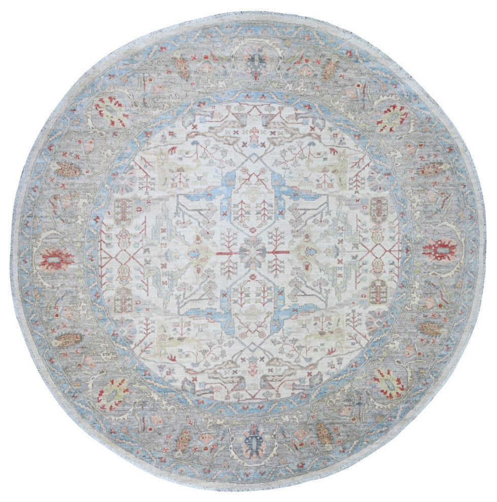 White Ziegler Mahal Hand Knotted Pure Wool Round Oriental Rug, 7'11"x8'