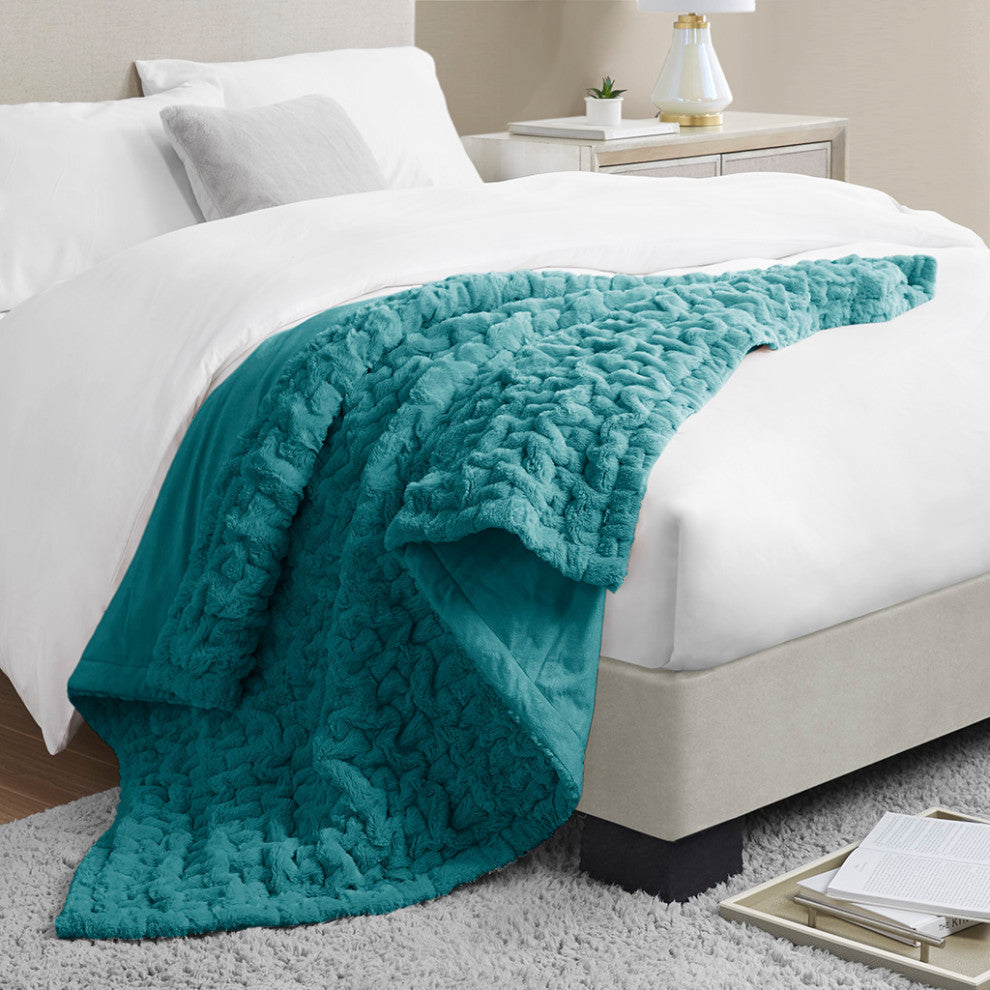 Madison Park Ruched Fur Throw, Teal