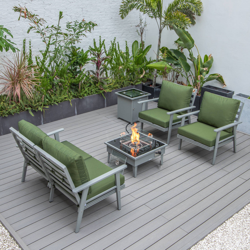 LeisureMod Walbrooke Grey Patio Sofa Set With Square Fire Pit Table, Green