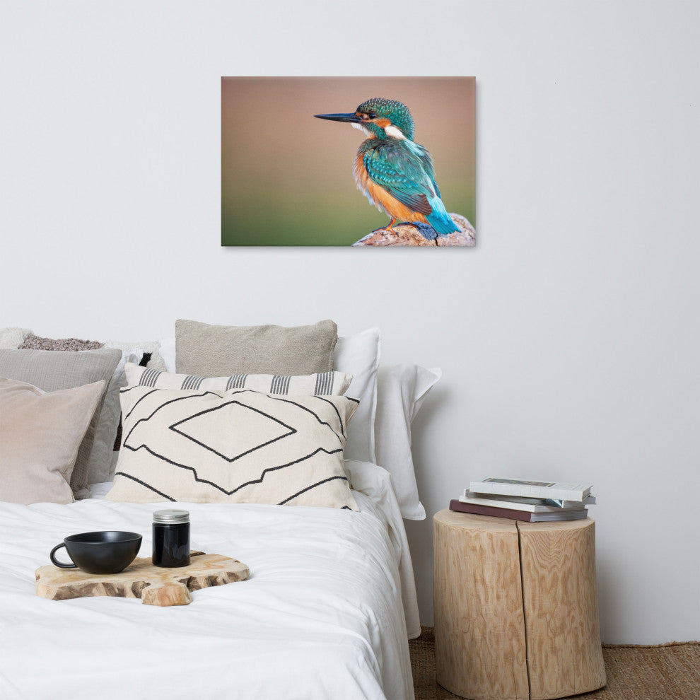Common Kingfisher Bird on Perch Animal Wildlife Photograph Canvas Wall Art Print, 24" X 36"