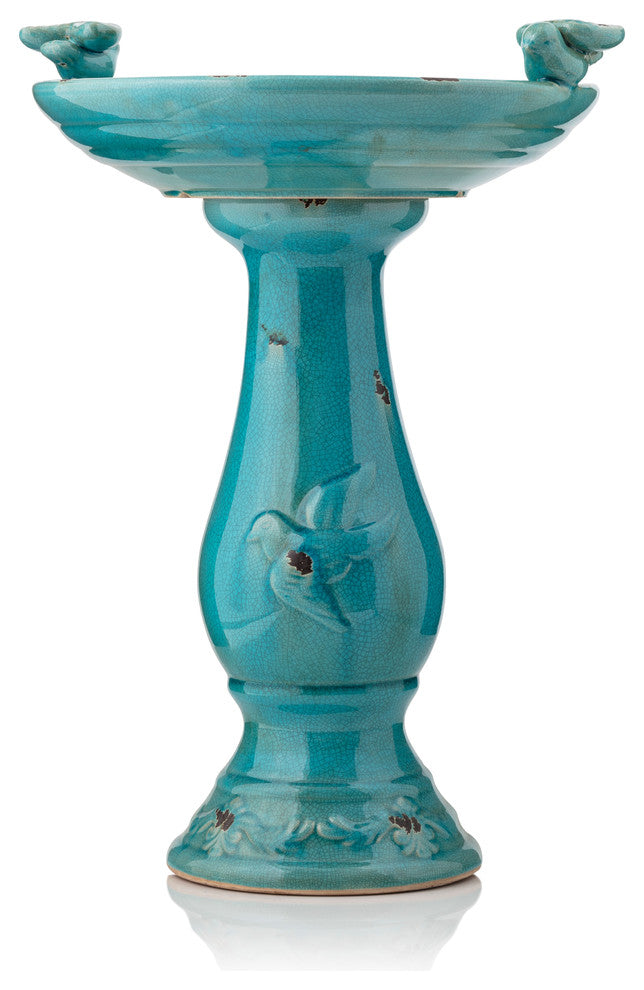 25" Tall Ceramic Antique Pedestal Birdbath with 2 Bird Figurines, Turquoise